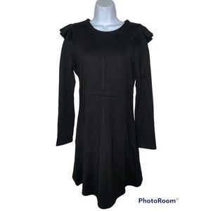 J.O.A. Small Dress Black Knit Long Sleeve Ruffle Detail Round Neck Keyhole Hook